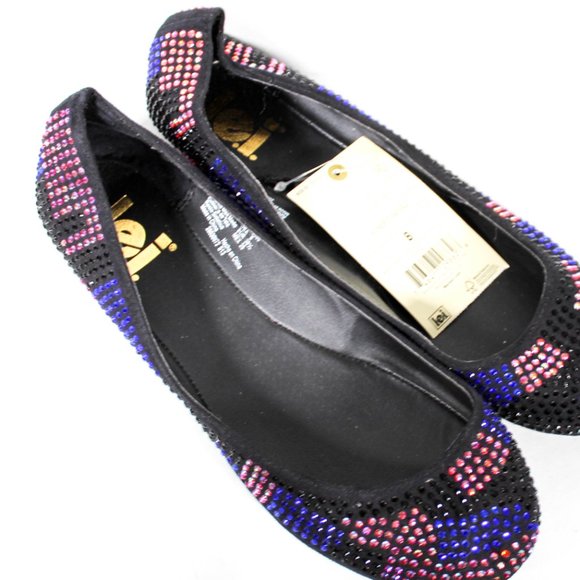 NWT Multicolor Blue Red to Pink Hue Iridescent Rhinestone Sparkle Black Flats - Picture 3 of 5
